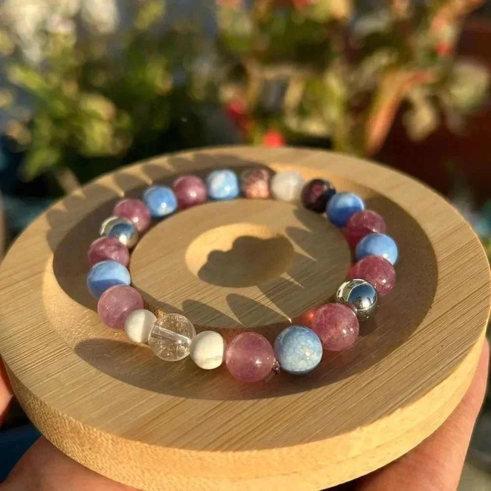 Handmade Lepidolite + Blue Lace Agate + Sea Sediment Jasper Howlite bracelet